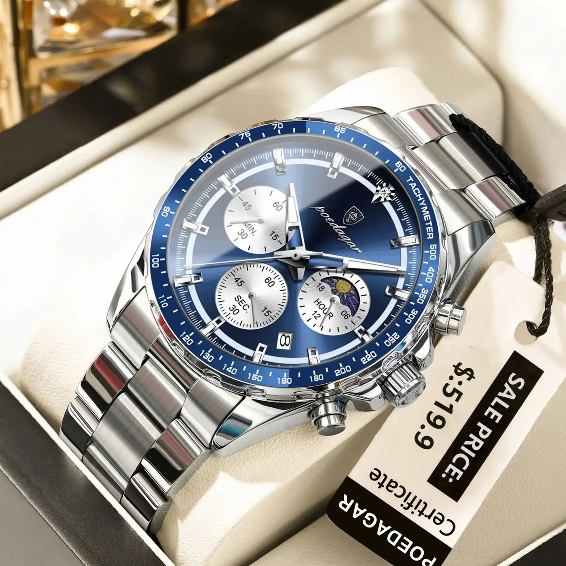 POEDAGAR Luxury Sport Watch For Men Waterproof Luminous Date Chronograph Man Wristwatch Stainless Steel Men's Quartz Watches+Box