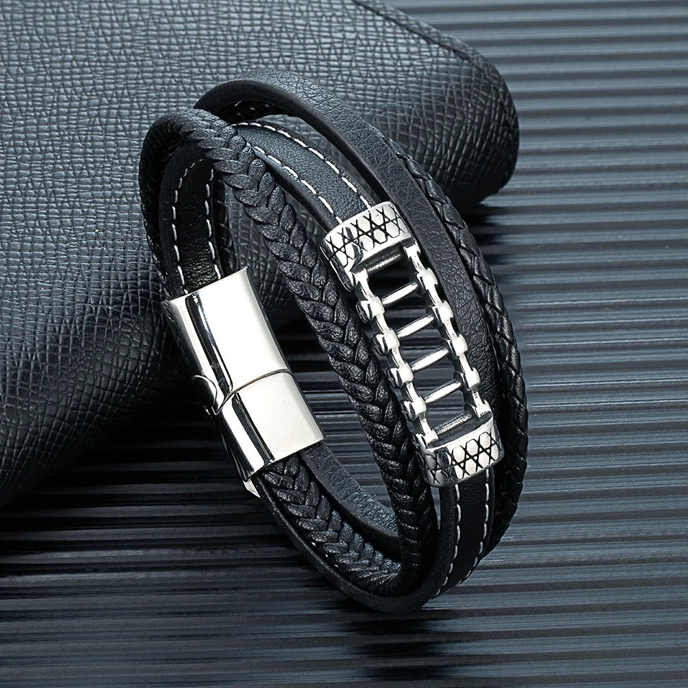 MKENDN Locomotive Men Biker Chain Braided Multi-layer Genuine Leather Bracelet Stainless Steel Magnetic Buckle Bracelet Homme