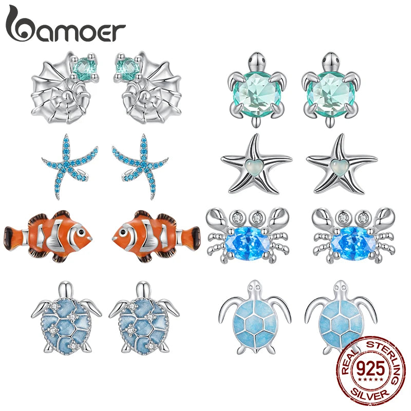 BAMOER 925 Sterling Silver Crab Stud Earrings Enamel Marine Clownfish Ear Studs for Women Girls Sweet Summer Jewelry Gift