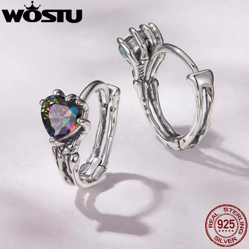 WOSTU 925 Sterling Silver Heart Rainbow Gems Gothic Huggies Earrings For Women, Skeleton Hand Punk Hoop Earring Halloween Gift