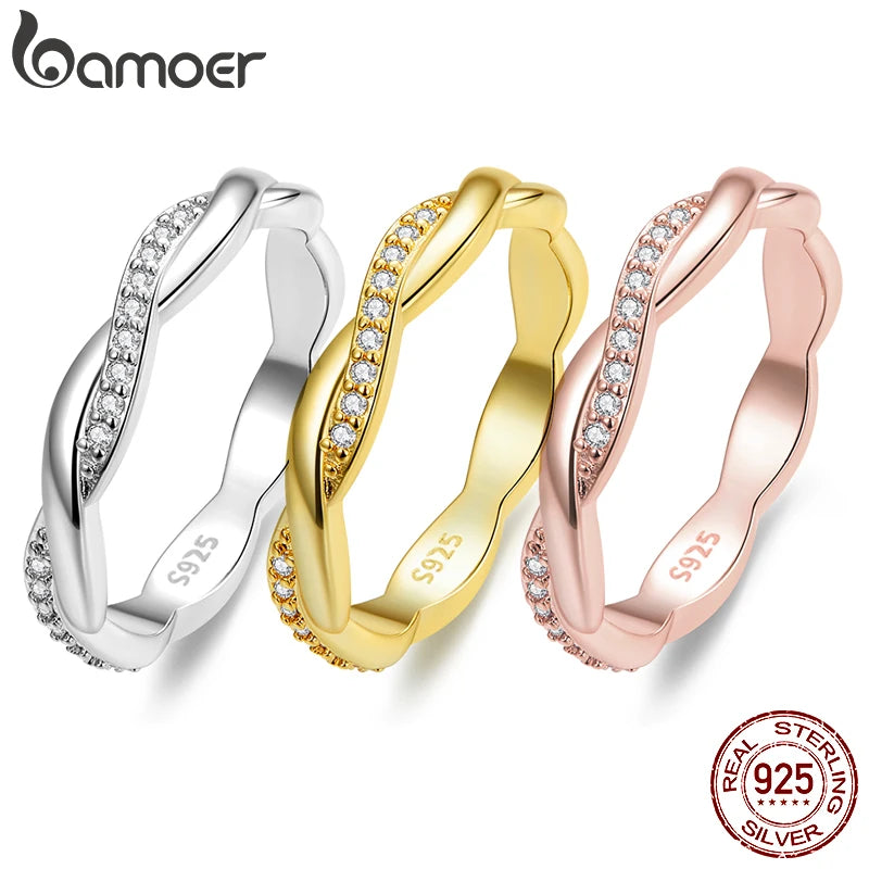 BAMOER 925 Sterling Silber Schlichter gedrehter Ring 14K vergoldet Zirkonia Eternity Band für Frauen 3 Farben BSR248