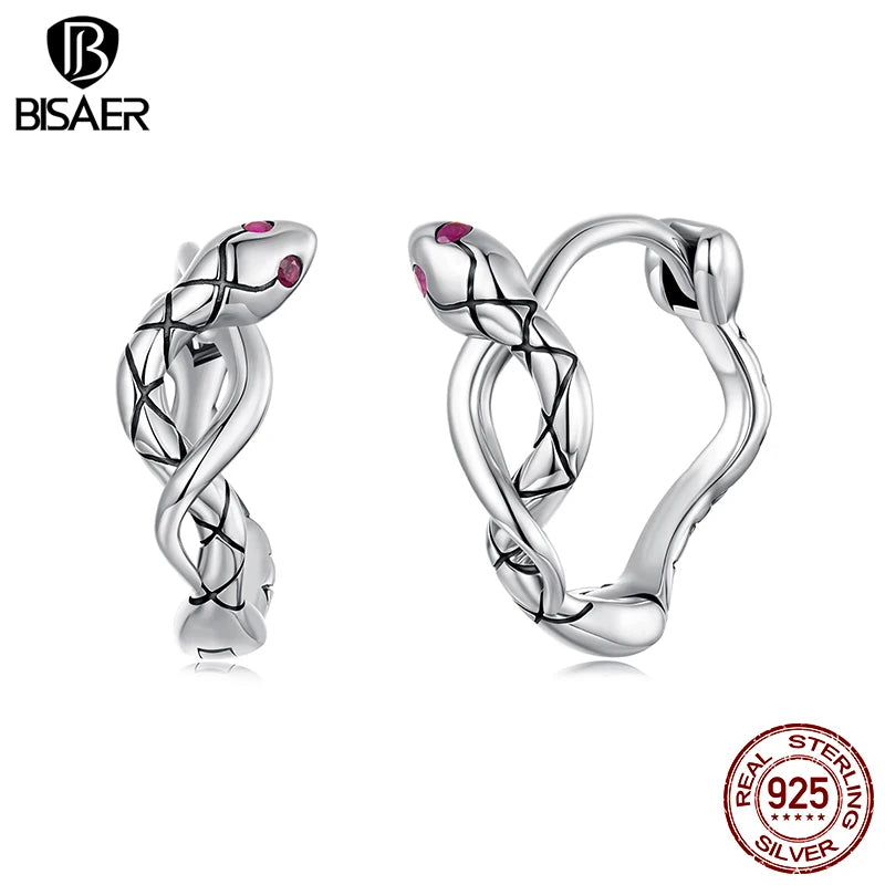 BISAER 925 Sterling Silver Vintage Viper Hoop Earrings Snake Red Zircon Ear Clip For Women Party Original Fine Jewelry ECE1891