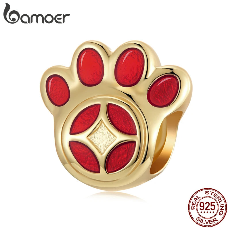 BAMOER Solid 925 Sterling Silver Lucky Pawprint Charm Bead fit Original Bracelet & Necklaces Jewelry DIY bamoer Pet Charm