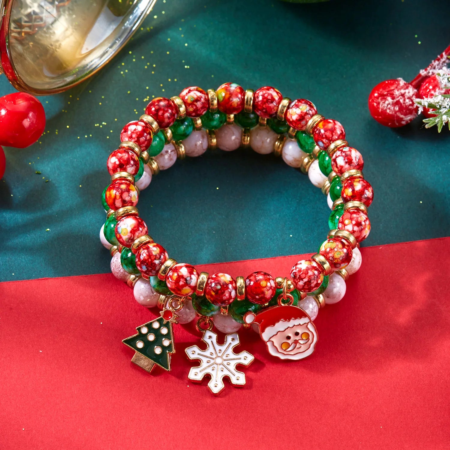 3Pcs/Set Colorful Beads Christmas Bracelet For Women Xmas Tree Snowman Santa Claus Snowflake Beaded Bracelet New Year Jewelry