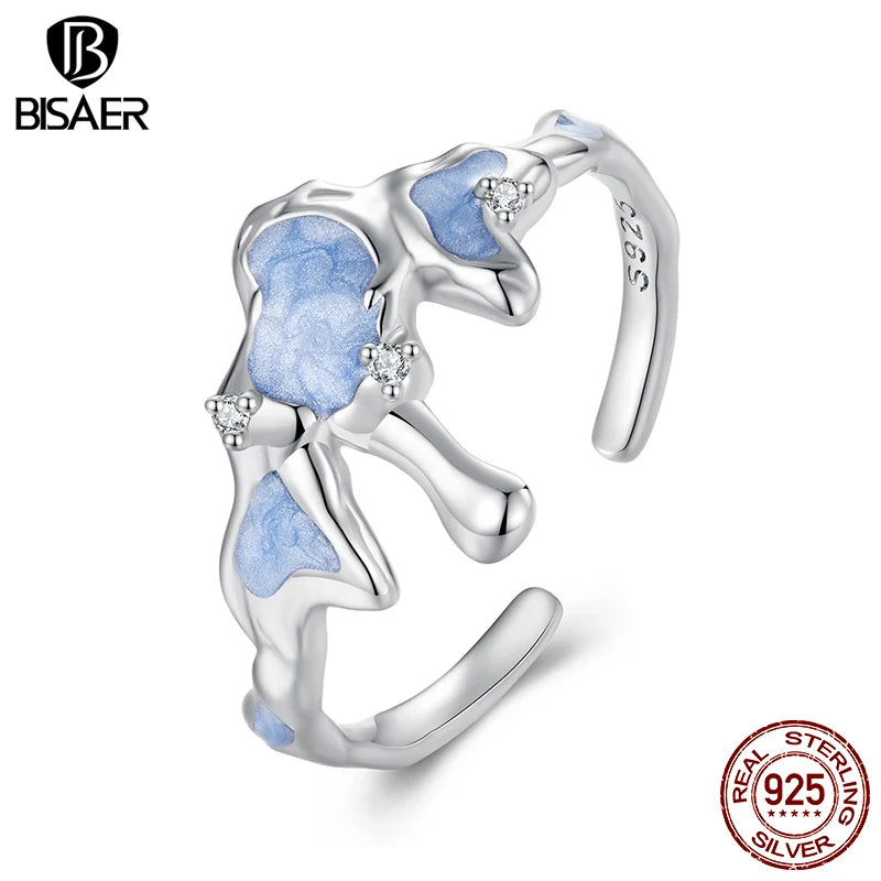 Bague ouverte BISAER en argent sterling 925 avec flocon de neige et taille réglable plaquée or blanc pour femme