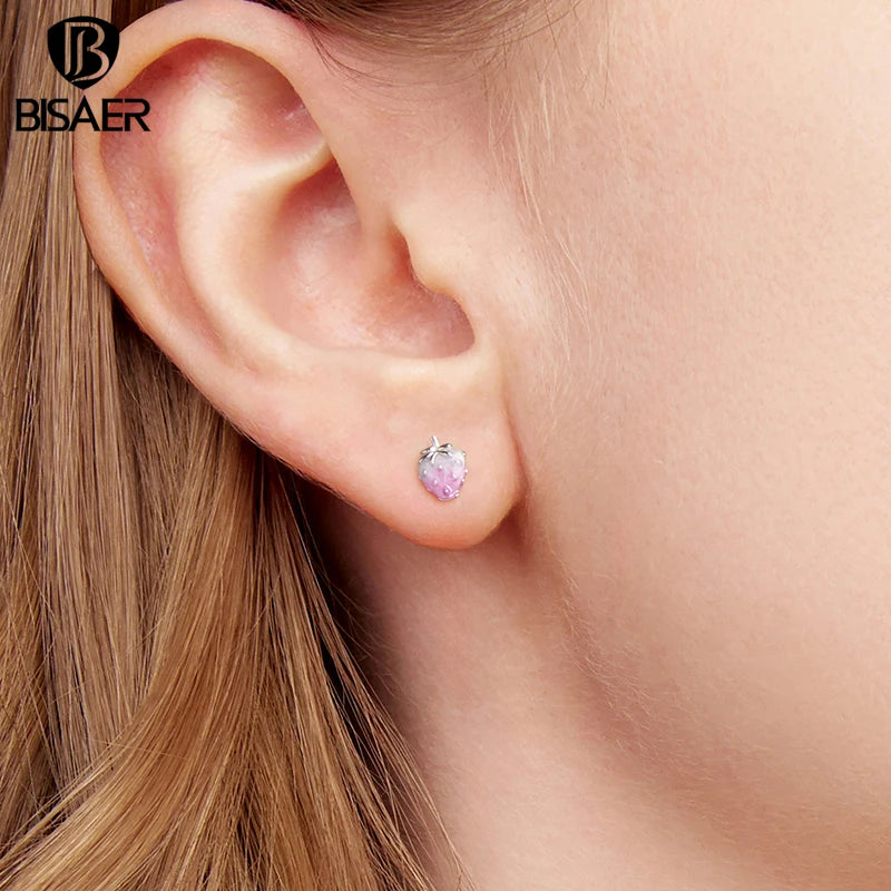 BISAER 925 Sterling Silver Strawberry Stud Earrings Gradient Pink Enamel Stud Ear Plated White Gold for Women Party Fine Jewelry