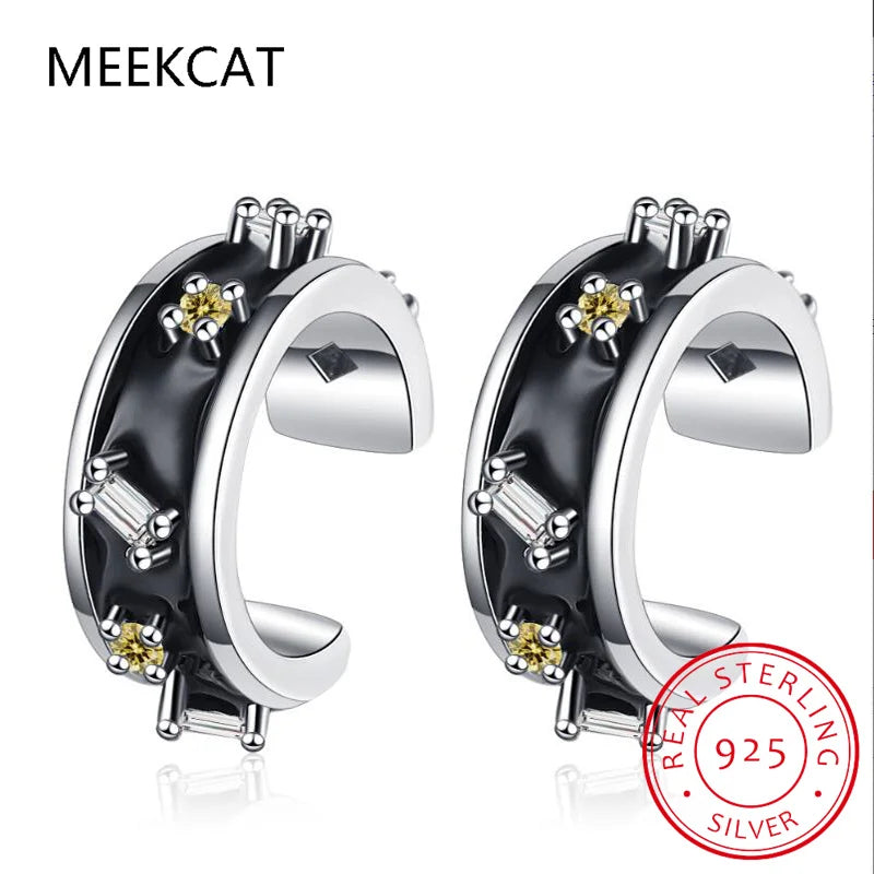 925 Sterling Silver Black Enamel Round Square Zircon Ear Cuff Clip on Earring For Girl Without Piercing Earing Jewelry DA250