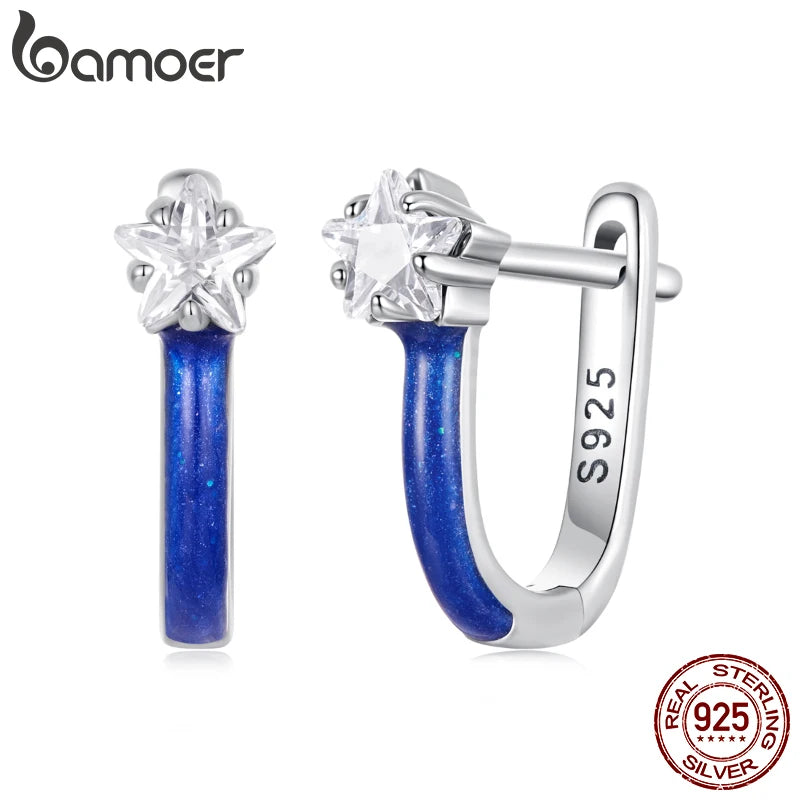 BAMOER U Shape Star Ear Buckles Blue Enamel Hypoallergenic Stud Earrings for Women Teen Girls Bright Pave CZ Jewelry Gift