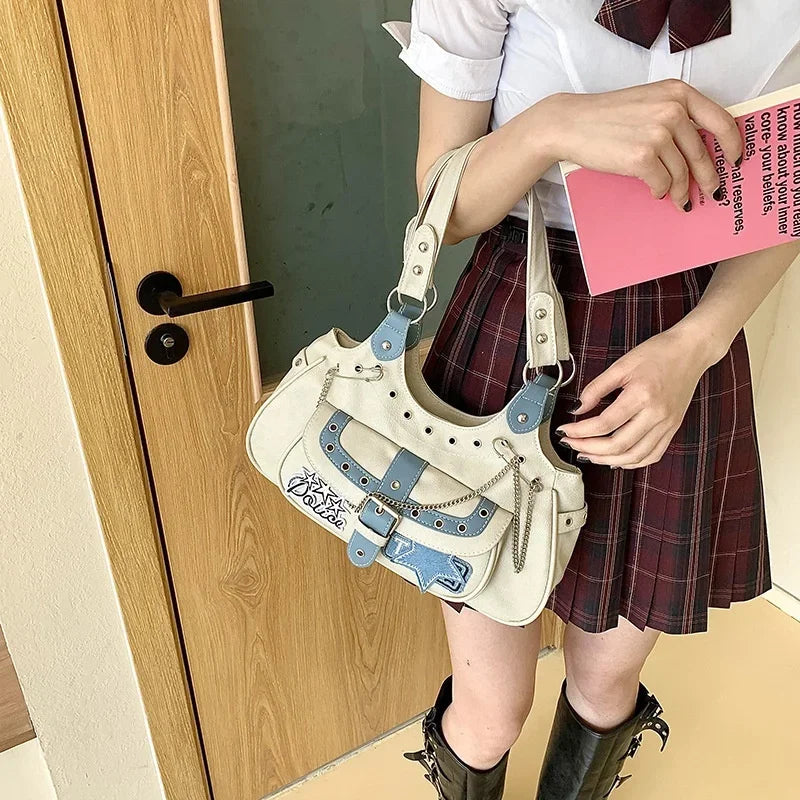 Gothic Punk Y2K One Shoulder Tote Bag, Harajuku Aesthetic Leather Patchwork Casual Handbag, Vintage Beige Female Bags