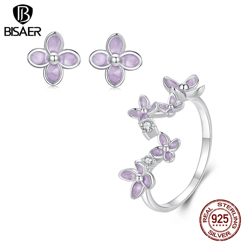 BISAER 925 Sterling Silber Lila Blume Offener Ring Emaille Ohrstecker Vergoldet Weißgold Für Luxus Frauen Party Edlen Schmuck