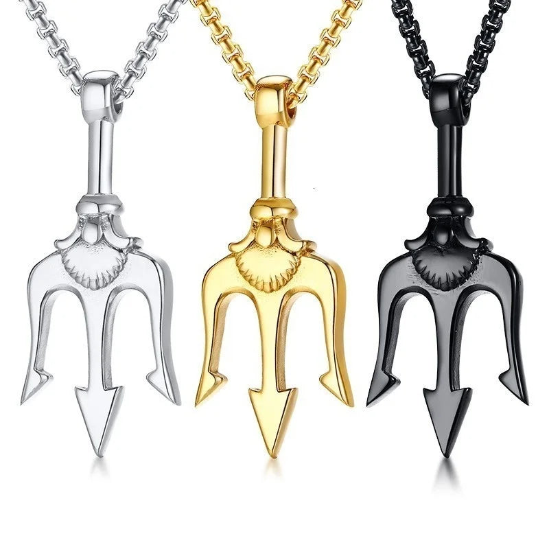 Vnox Mens Punk Trident Necklace Black Gold Color Stainless Steel Statement Pendant Gifts for Him Hip Hop Jewelry - Madeinsea©