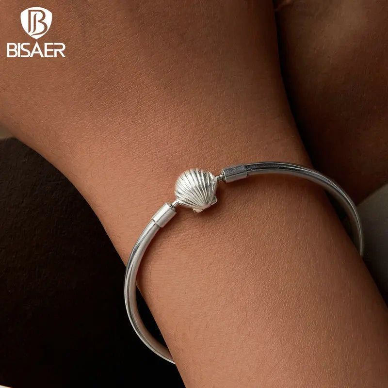 BISAER 925 Sterling Silver Sea-Shell Basic Bracelet Shell Buckle Bangle Plated White Gold for Women Charm Bead DIY Fine Jewelry