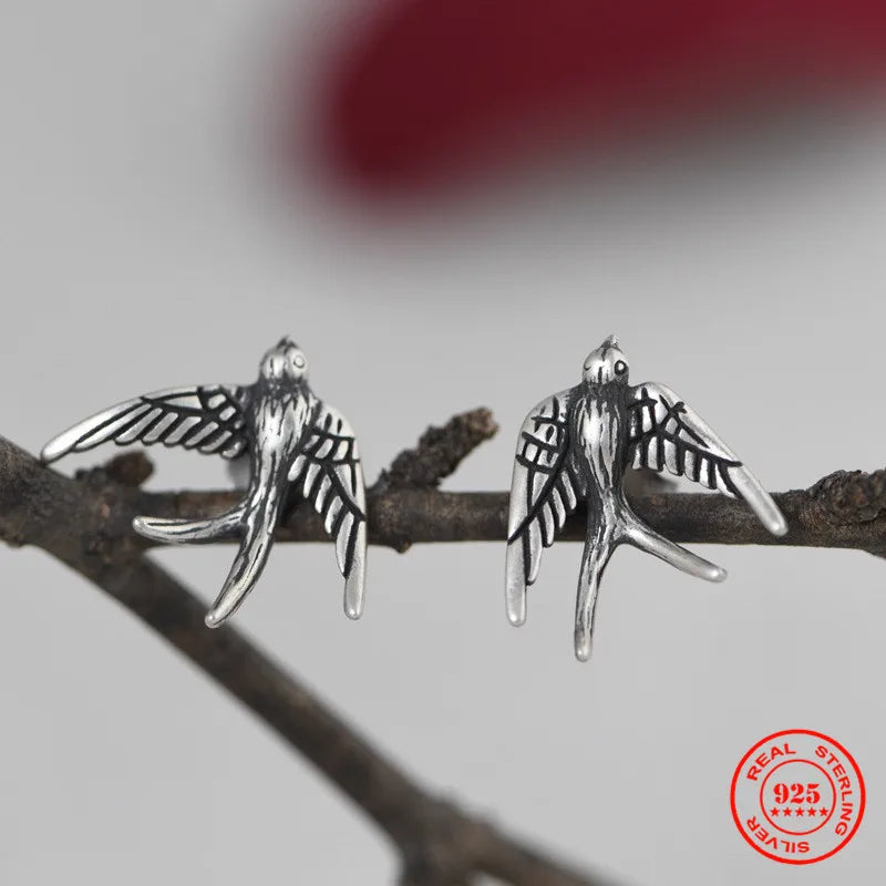 MKENDN 100% 925 Sterling Silver Creative Retro Swallow Stud Earring Punk Street Style Ear Pin for Women Men Animal Jewelry