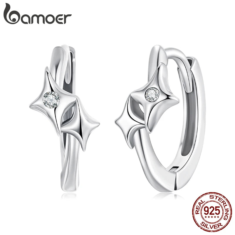 BAMOER Solid 925 Sterling Silver Double Star Hoop Earrings Starlight Ear Buckles for Women, Hypoallergenic Romantic Jewelry Gift