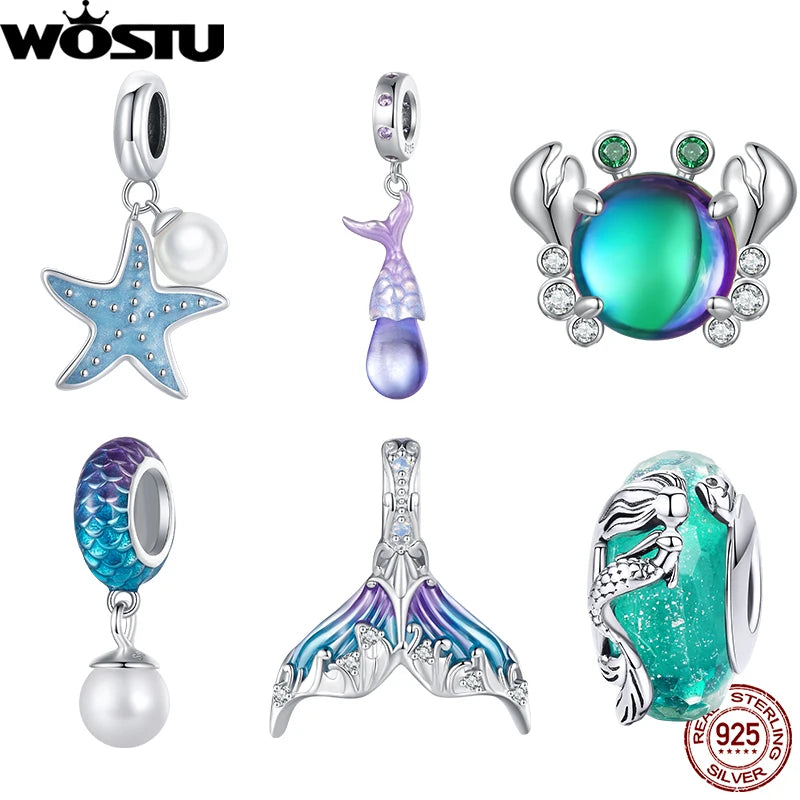 WOSTU 925 Sterling Silver Purple Ocean Charm Enamel Mermaid Tear Pendant Sea Fish Scale Fit Original Bracelet Bangle DIY Gift