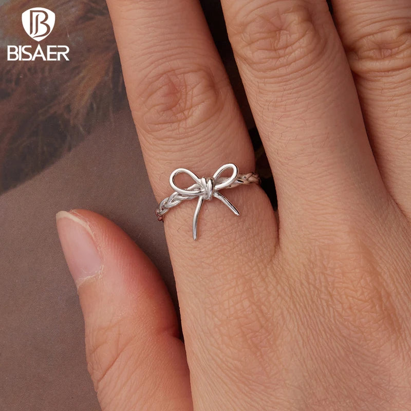 BISAER 925 Sterling Silver Weaving Bow Open Ring Bow-knot Statement Band Plated White Gold for Women Party Original Fine Jewelry