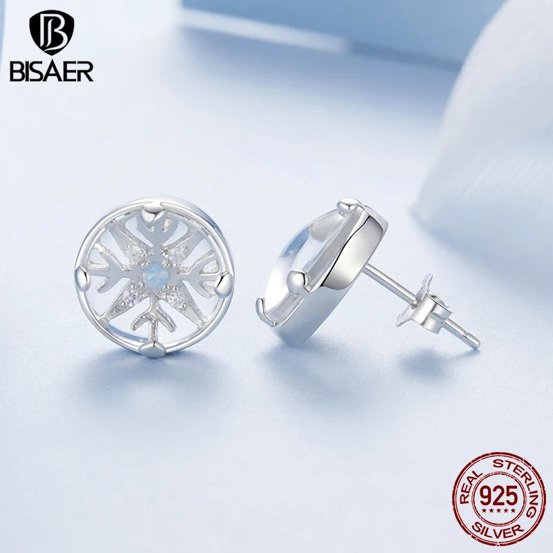 BISAER 925 Sterling Silber Kristallkugel Schneeflocke Ohrstecker Runde Ohrringe Vergoldet Weißgold für Frauen Party Edlen Schmuck