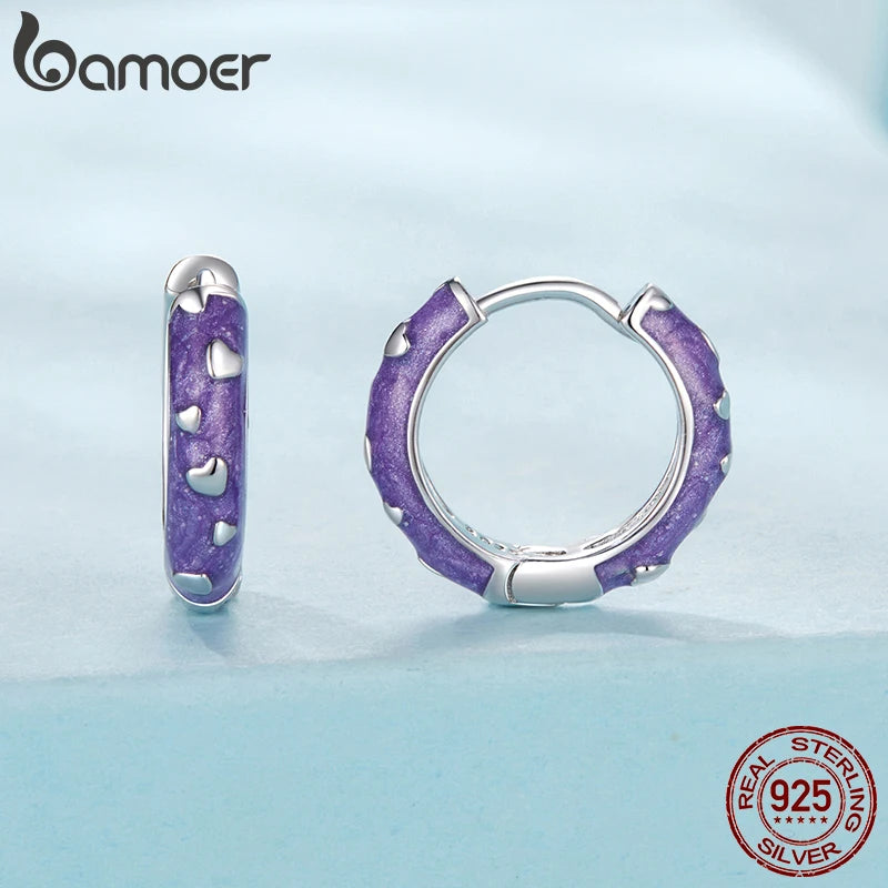 BAMOER 925 Sterling Silver Cute Purple Heart Hoops Earrings, Lightweight White Gold Plated Hoop Earrings for Women SCE1822