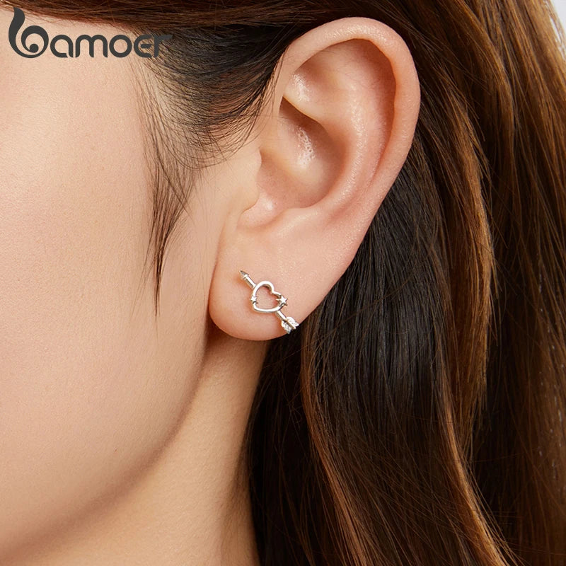 BAMOER Solid 925 Sterling Silver Heart Arrow Stud Earrings Huggie for Women Teens Fashion Stud Earrings Hypoallergenic Earrings