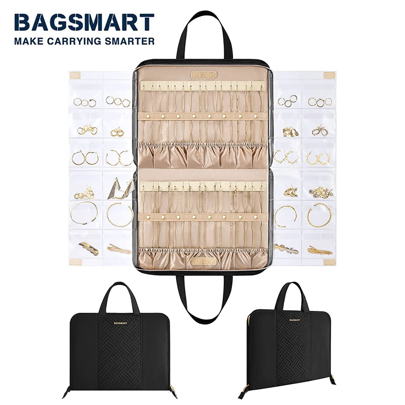 BAGSMART Organisateur de bijoux de voyage suspendu Étui de transport pliable à fermeture éclair Support pour bagues, colliers, boucles d'oreilles, clous d'oreilles Sac de rangement pour bijoux