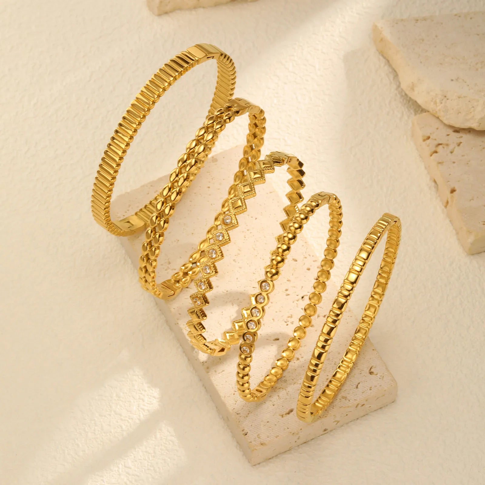 Vnox Romantic Zircon Cuff Bracelet For Women Geometric Fashion Lady Jewelry Stainless Steel Bangles Party Gold Color Never Fade