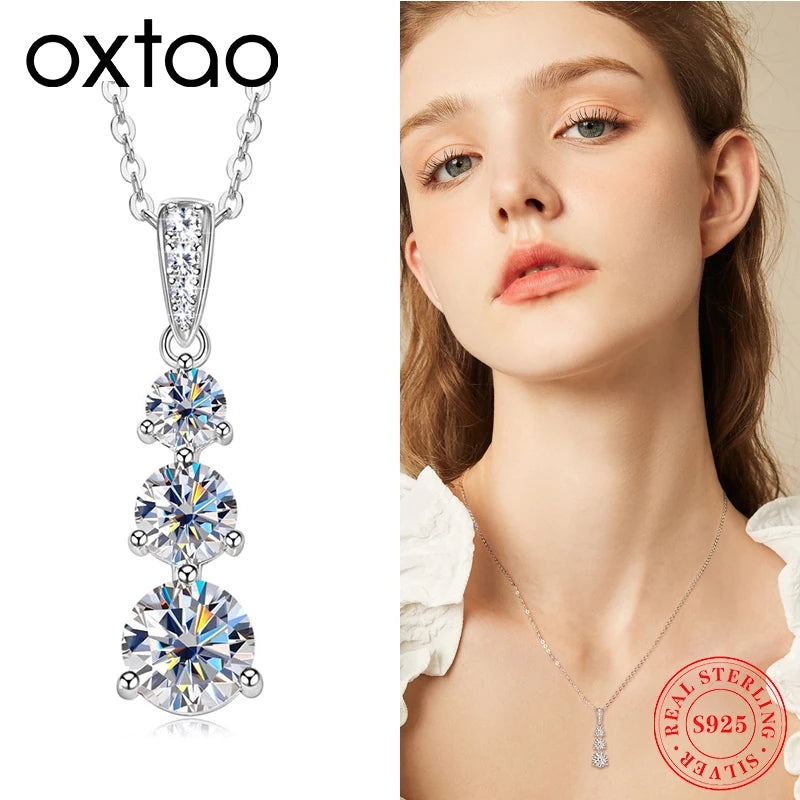 Moissanite Three stone Pendant necklace for Women 925 Sterling Silver Round Cut Adjustable Clavicle Chain Necklace Jewelry Gift