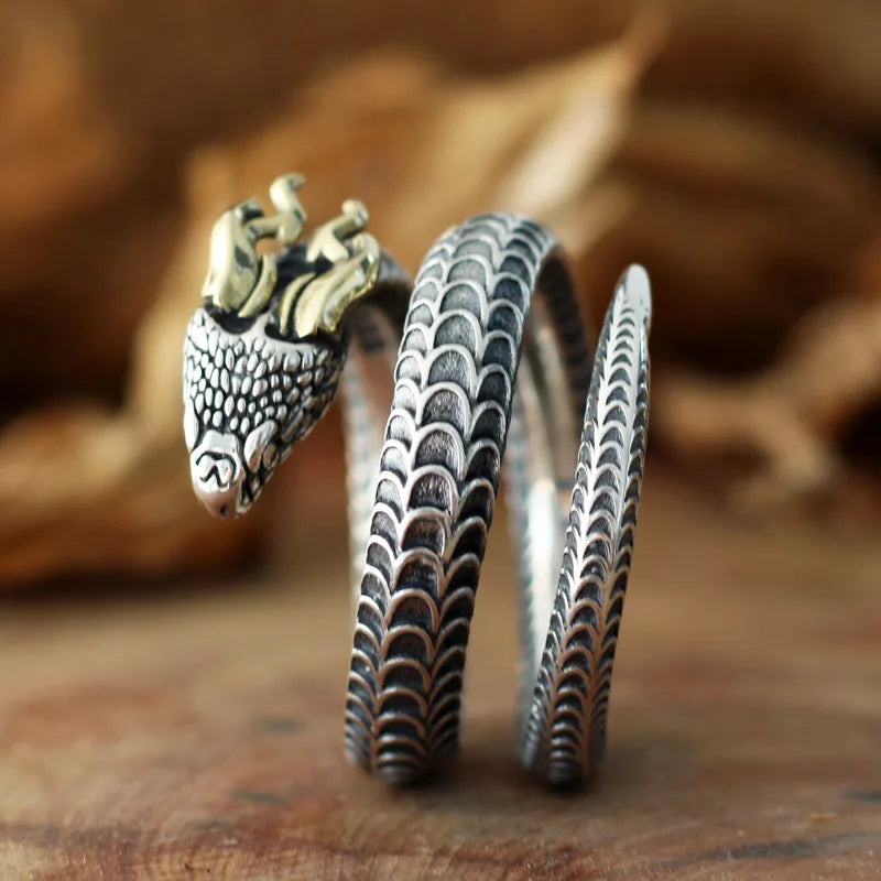 Buyee 925 Sterling Silber Einzigartiger großer Ring Ausgezeichnete gehörnte Schlange Offener Ringfinger für Mann Frau Rock Punk Edler Schmuck Kreis