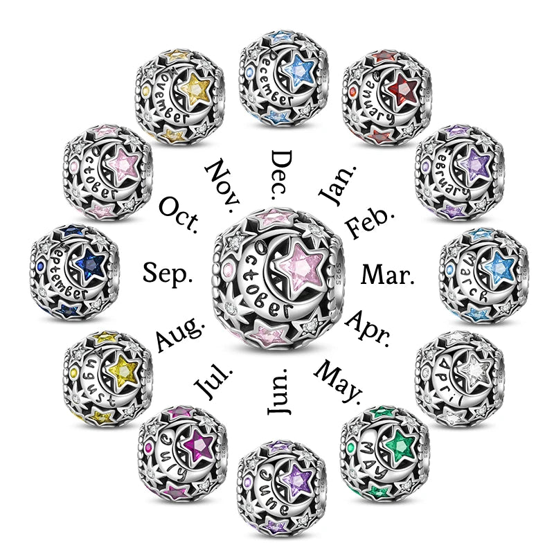 Genuine 925 Silver 12 Month Round Star Shining Zircon Charms Beads Fit 3mm 925 Original Bracelets Fine DIY Birthday Jewelry