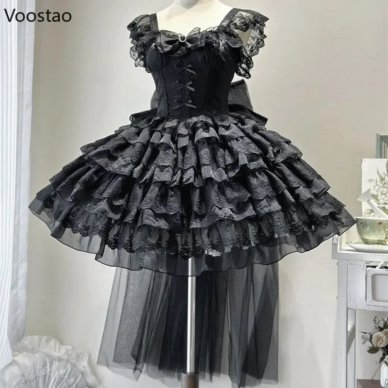 Japanese Kawaii Lolita Jsk Dress Elegant Women Sweet Bow Lace Ruffles Wedding Princess Mini Dresses Girls Gothic Y2k Party Dress