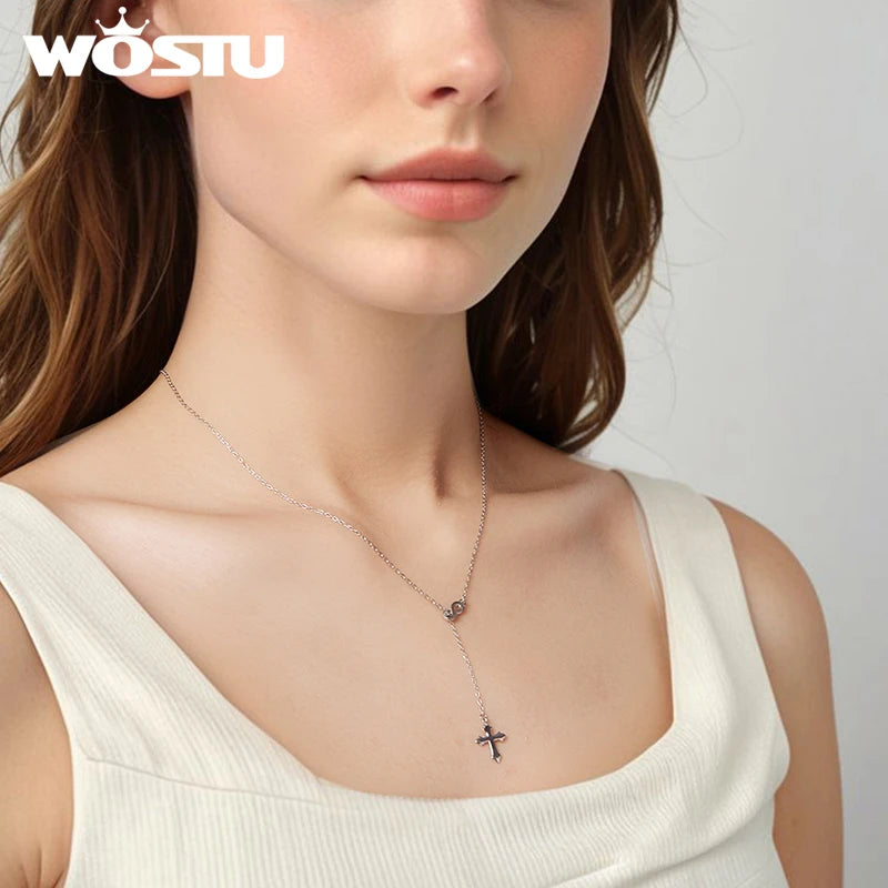 WOSTU 925 Sterling Silver infinite love Faith Cross Y Chain Necklace For Women European Simple Jewelry Gift Pendant Necklaces