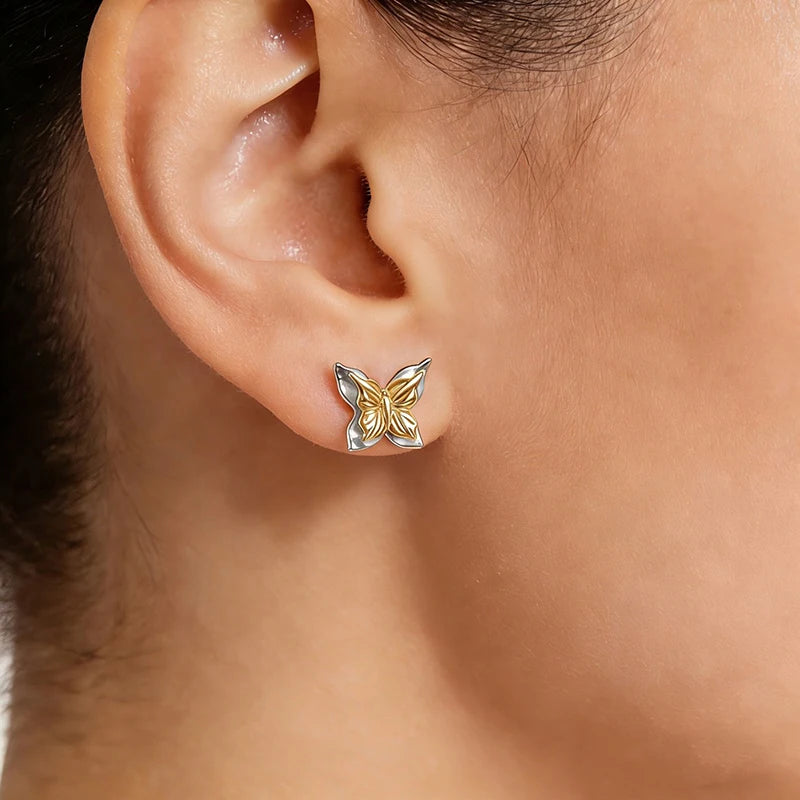 WOSTU Minimalist 925 Silver Butterfly Stud Earrings, Gold Plated Two-Tone Ear Studs Hypoallergenic Cute Gift for Women & Teens