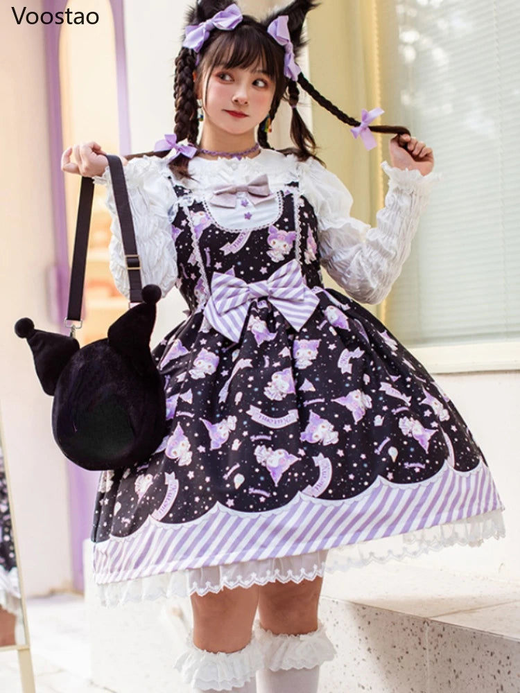 Sweet Lolita Style Cartoon Print Princess Dress Women Cute Bow Lace Party Strap Dresses Girly Harajuku Kawaii Y2k Mini Vestidos