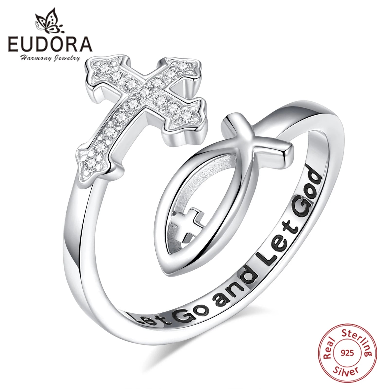 Bague réglable en argent sterling 925 Eudora avec croix de Jésus et poisson pour femme, bijou chrétien béni avec croix Ichthus, cadeau idéal pour maman