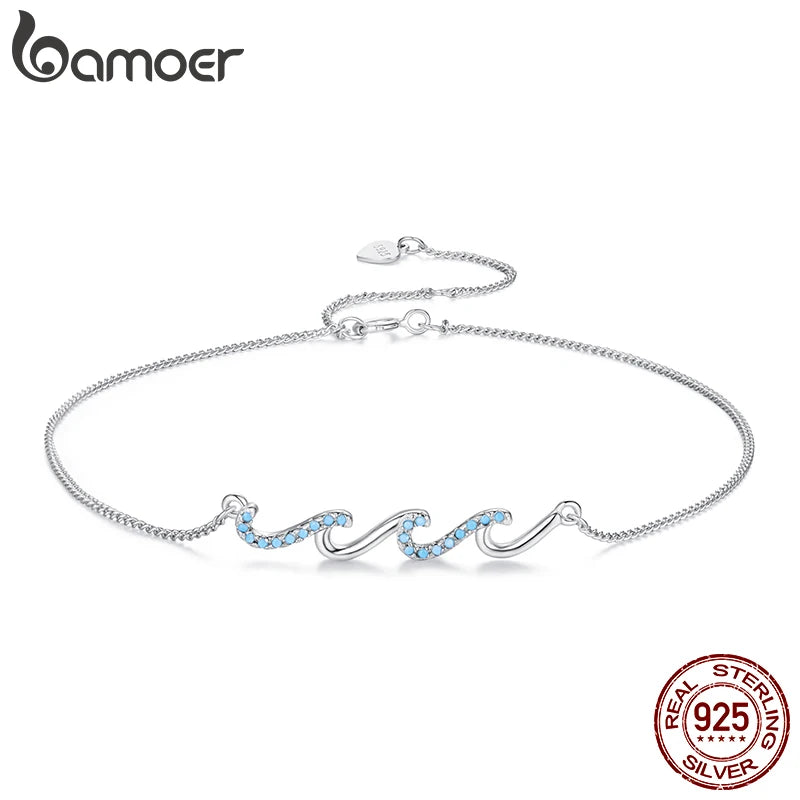 BAMOER 925 Sterling Silver Blue Sea Wave Charm Anklet for Women, Gold Plated Beach Jewelry Trendy Best Friend Gift