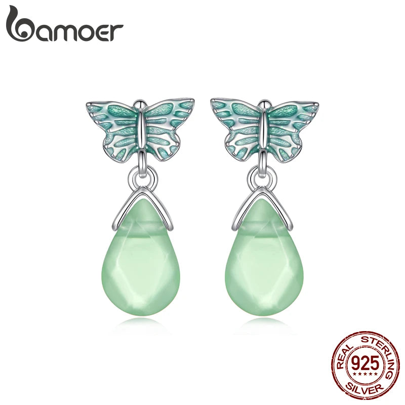 BAMOER 925 Sterling Silver Butterfly Stud Earrings for Women Teens, Crystal Green Resin Teardrop Dangle Earrings Hypoallergenic