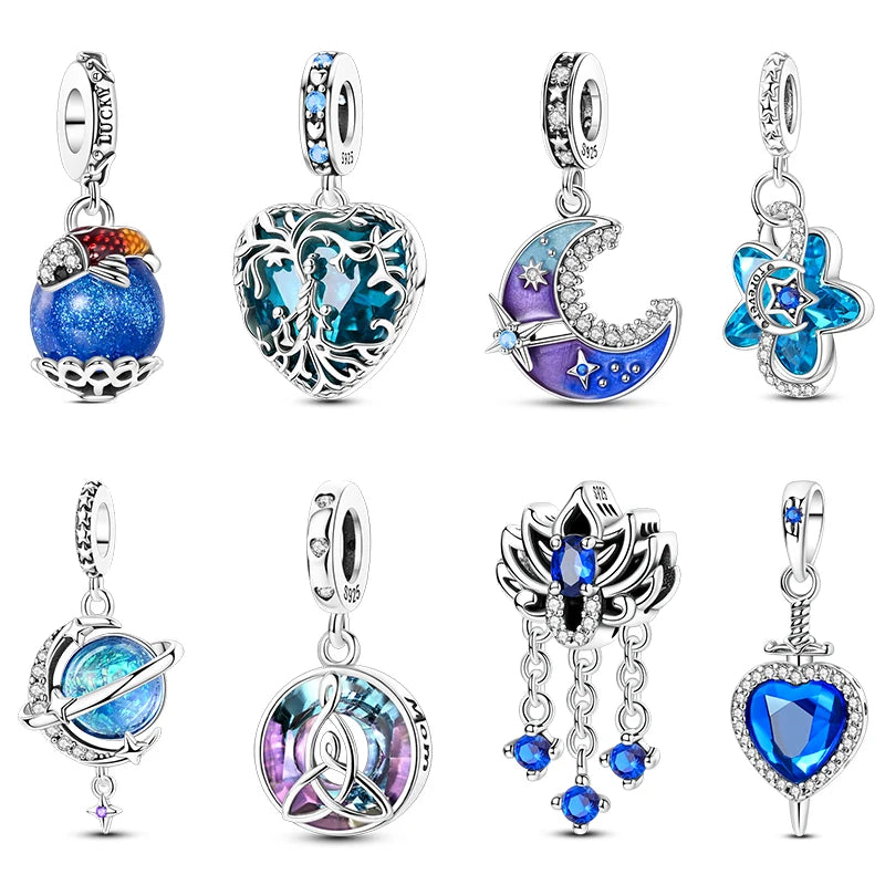 Breloques magiques en argent 925, verre et gemme bleue, lotus, planète et lune, compatibles avec les bracelets originaux en argent 925 de 3 mm. Bijoux fins à faire soi-même, cadeaux pour les fêtes.