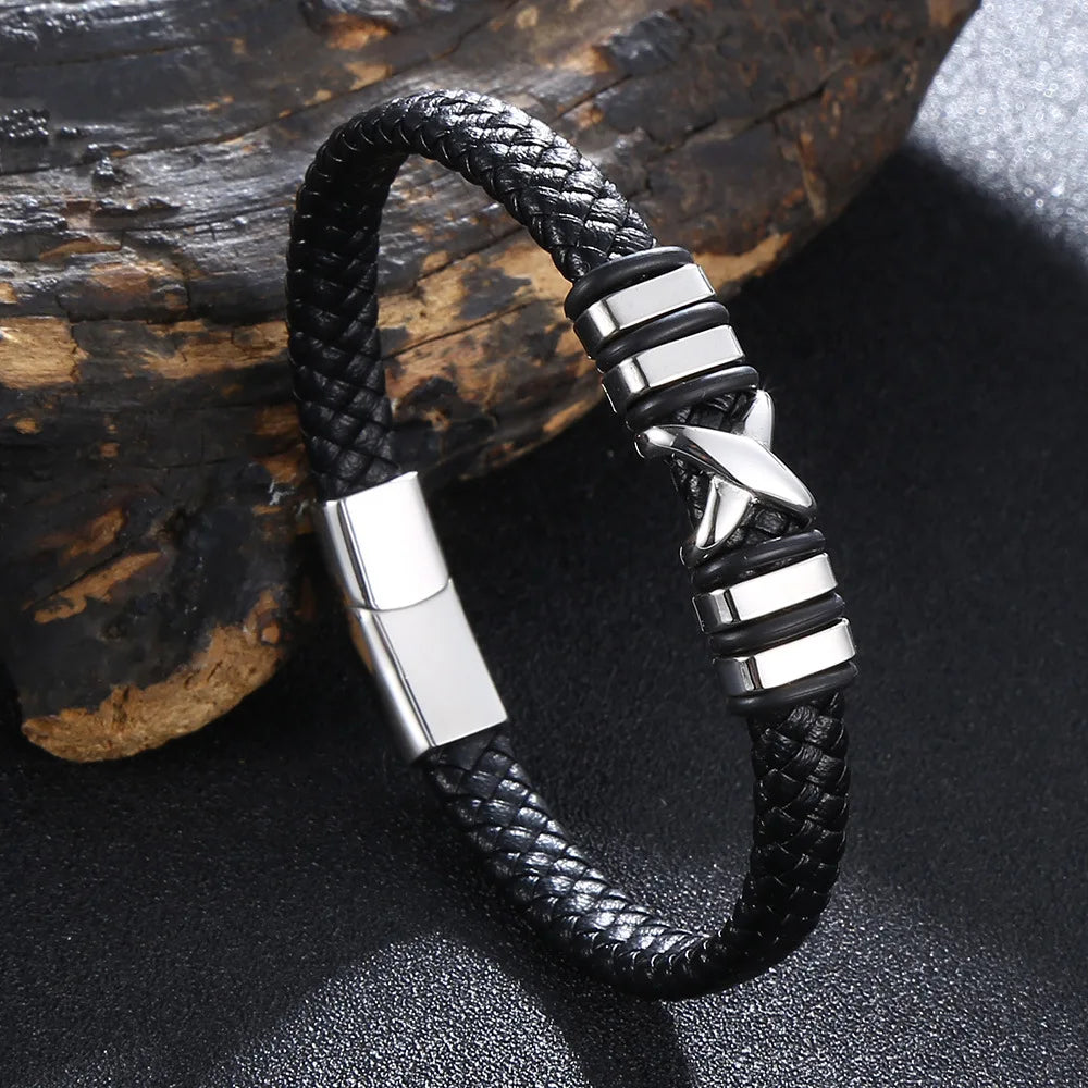 MKENDN Classic Simple X Black Braided Leather Bracelet Bangle Stainless Steel Magnetic Buckle Jewelry For Men Women Couple Gifts
