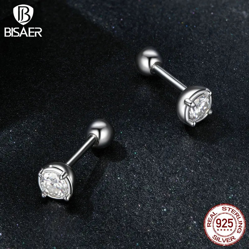 Boucles d'oreilles exquises en moissanite BISAER en argent sterling 925, mini boucles d'oreilles rondes hypoallergéniques classiques à tige, bijoux de fiançailles, cadeau