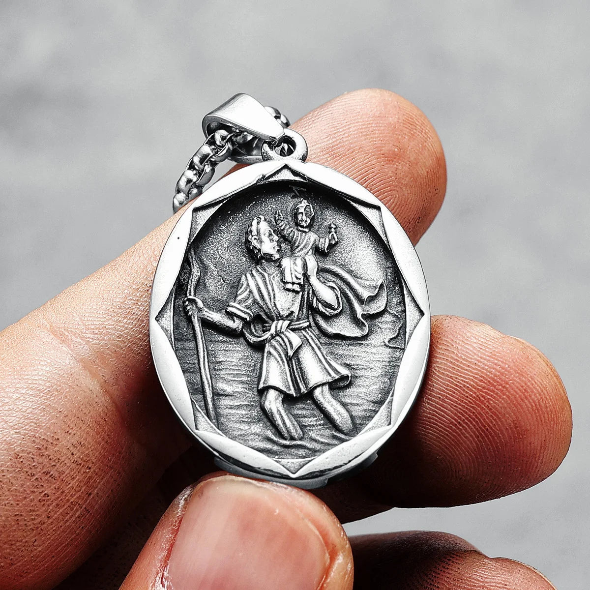 St Christopher Pendant Necklace Retro Inscription 316L Stainless Steel Men Chain Punk Rock Hip Hop for Rider Biker Jewelry Gift
