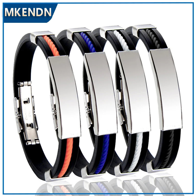 MKENDN Classic Style Men Silica Gel Bracelet Simple Stainless Steel Button Bracelet Accessories Handmade Jewelry Gifts