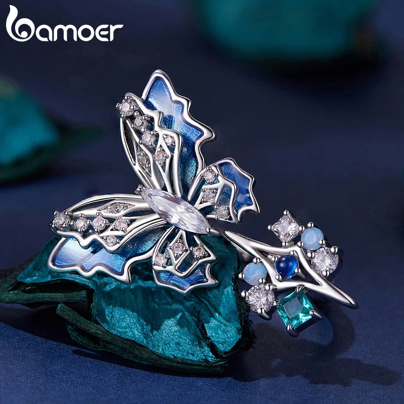 BAMOER White Gold Plated Ice & Snow Butterfly Ring with Blue Enamel, Adjustable Statement Ring for Women Unique Original Design