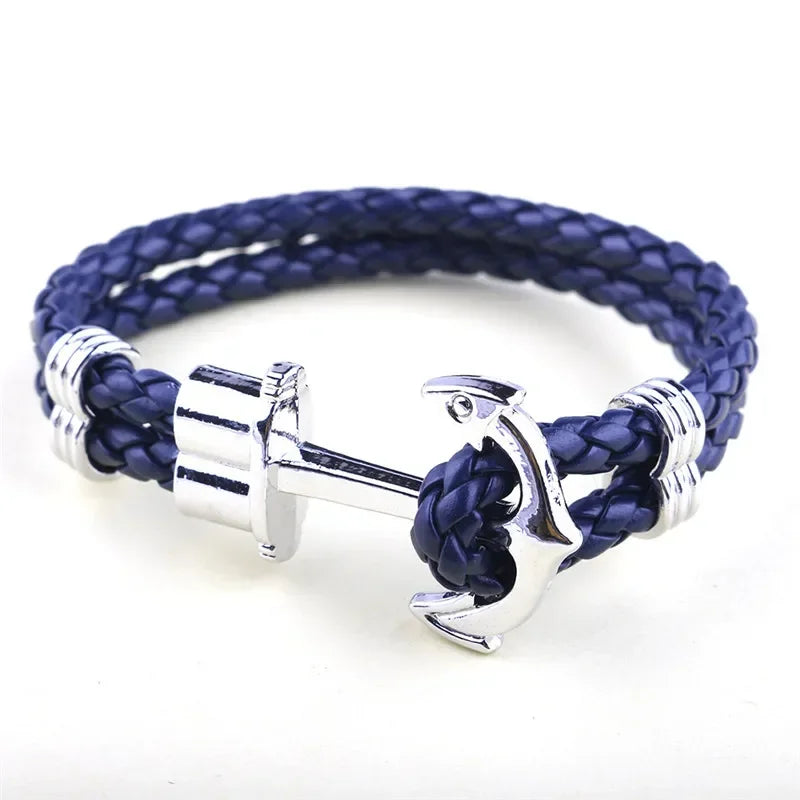Fashion Alloy Anchor Bracelet Men Black Braided Cowhide Leather Rope Bracelets Wrap Punk Charm Jewelry SL054