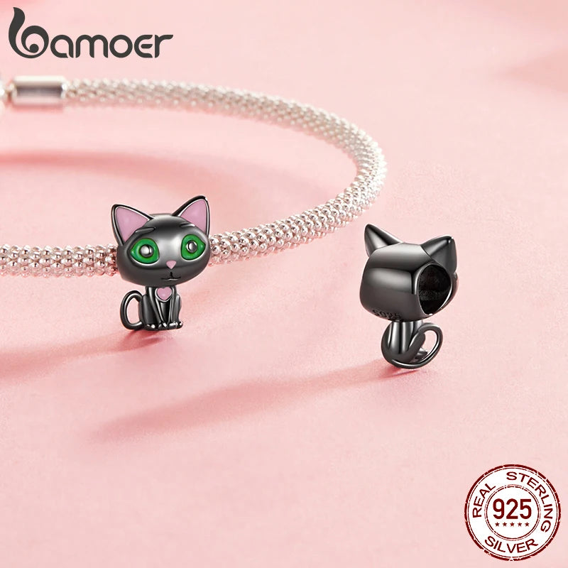 BAMOER Solid 925 Sterling Silver Opal Black Cat Charm Bead fit Original Bracelet & Necklaces Jewelry DIY bamoer Animal Charm