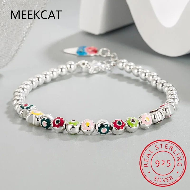 Handmade Bohemian 925 Sterling Silver Flower Rainbow Enamel Beads Chain Ice Cream Charm Bracelet Pulseiras For Women Girl Gift
