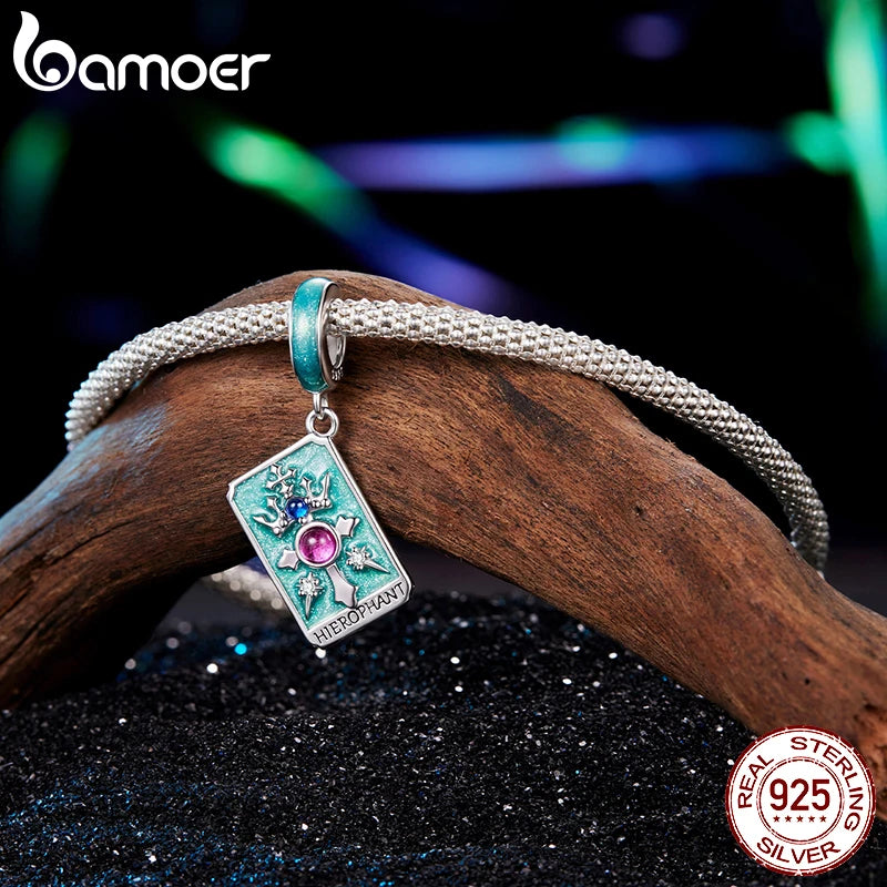 Bamoer 925 Sterling Silber Magischer Tarotkarten-Anhänger Lila Rechteckige Perlen für Damen Teenager Armband & Armreif DIY Besonderes Geschenk