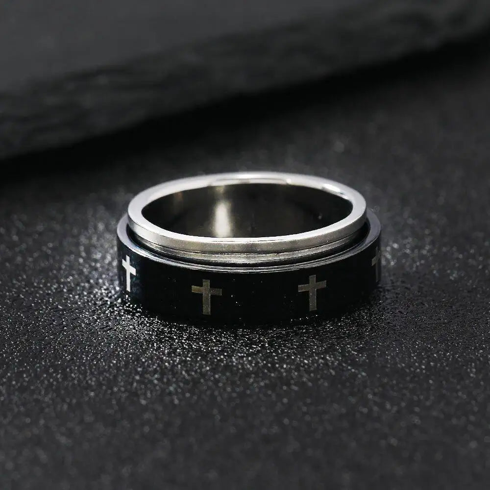 Rotatable Metal Cross Ring For Men Women White In Black Stainless Steel Ring Punk Gothic Accessories Christian Jewelry Gift