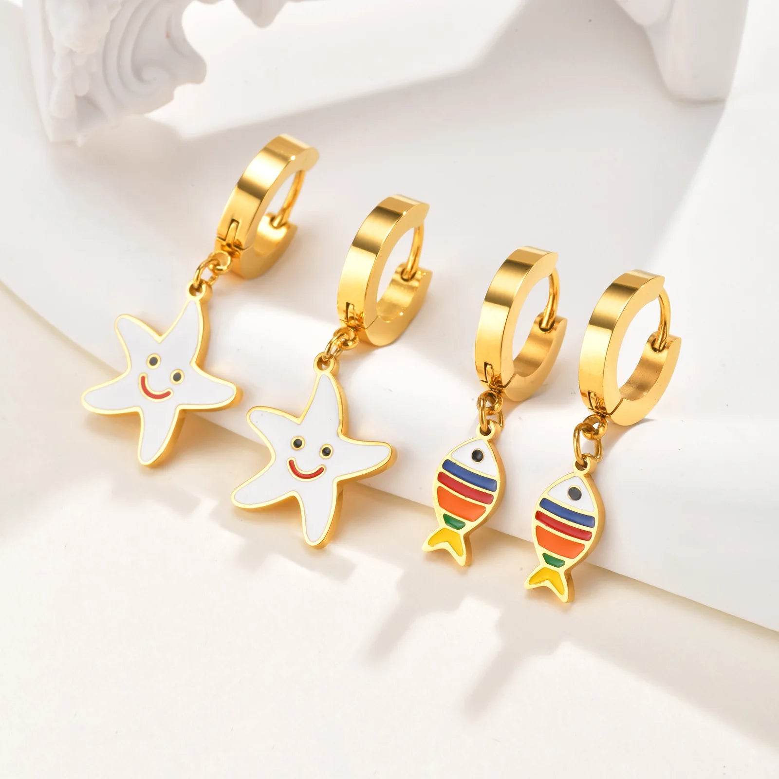 Vnox Sweet Star Smile Drop Earrings For Women Girls,Stainless Steel Hoop Simple Pendent,Gold Plated Jewelry Hypoallergenic