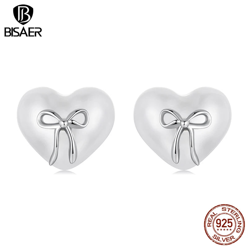 BISAER Boucles d'oreilles à tige en argent sterling 925 véritable avec perles en forme de cœur et nœud pour femme élégante, bijoux fins, cadeaux de vacances