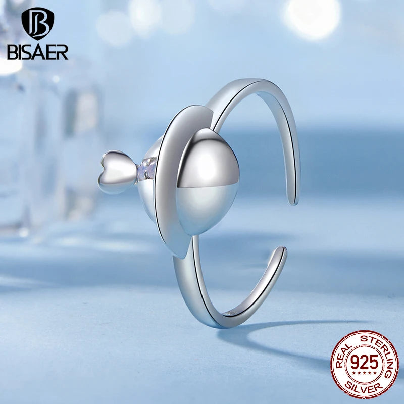 BISAER 925 Sterling Silber Herz Planet Offener Ring Einstellbare Größe Band Vergoldet Weißgold Für Romantische Frauen Party Edlen Schmuck