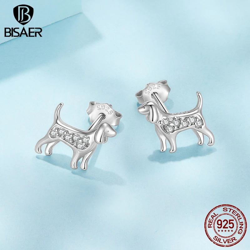 BISAER 925 Sterling Silver Golden Retriever Stud Earrings Pet Dog Earrings Pavé Setting Zircon Plated White Gold Women Jewelry